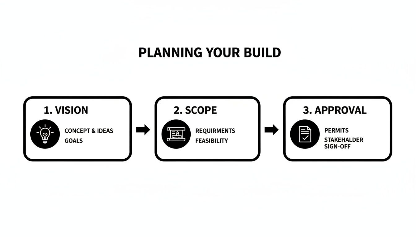 A flowchart illustrates three steps for 'Planning Your Build': Vision, Scope, and Approval, with details for each.