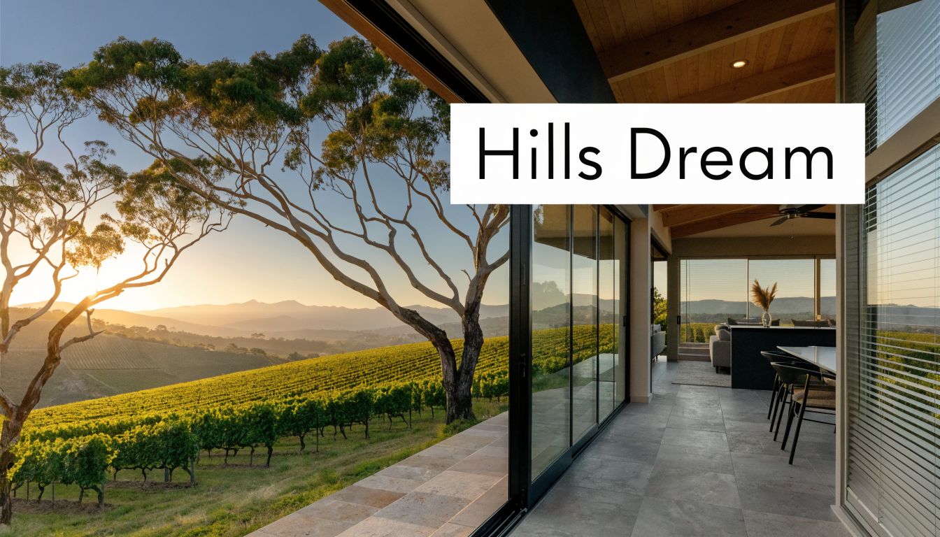 A modern home interior with a stunning view of rolling vineyards in the Adelaide Hills at sunset.