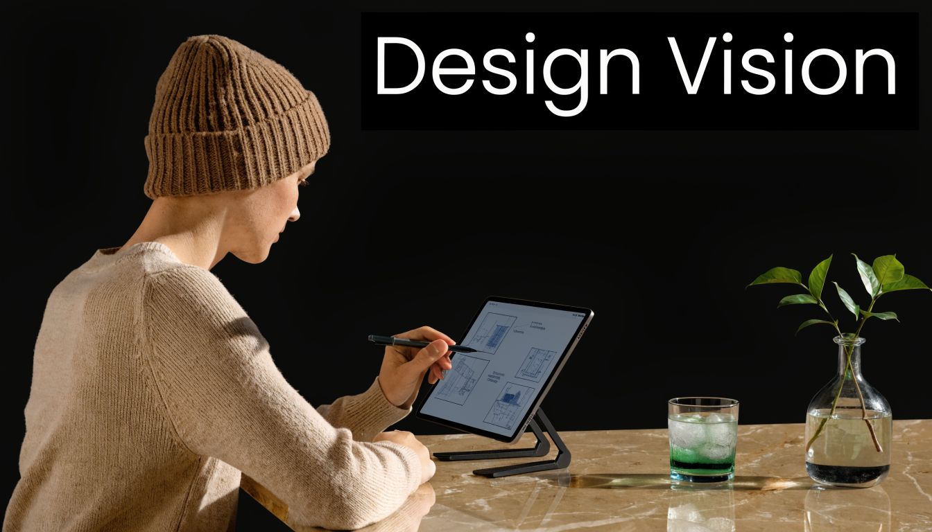 A designer wearing a beanie works on architectural blueprints using a tablet and stylus at a desk.