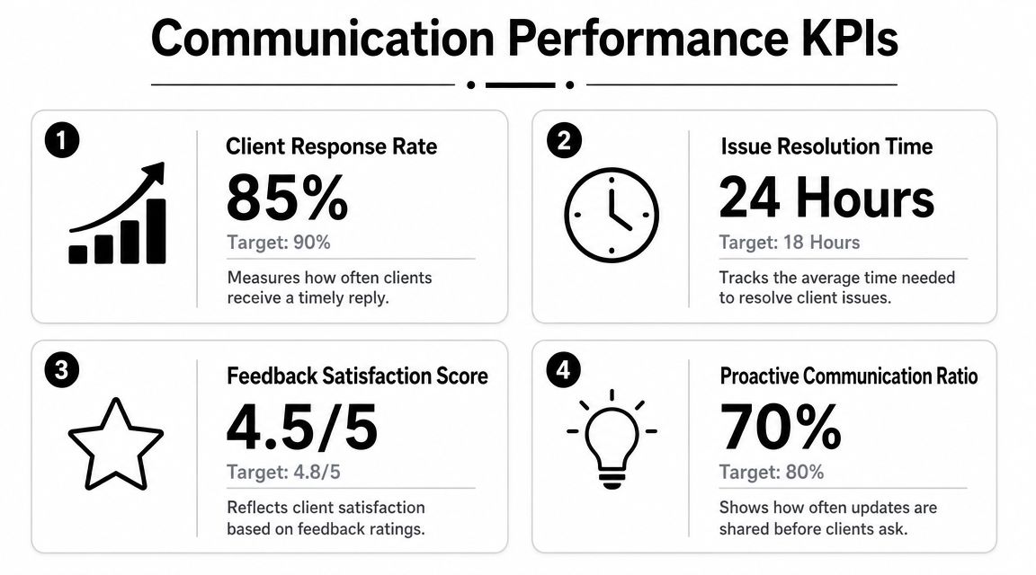 A dashboard showing four communication performance KPIs with current metrics and targets for client management.