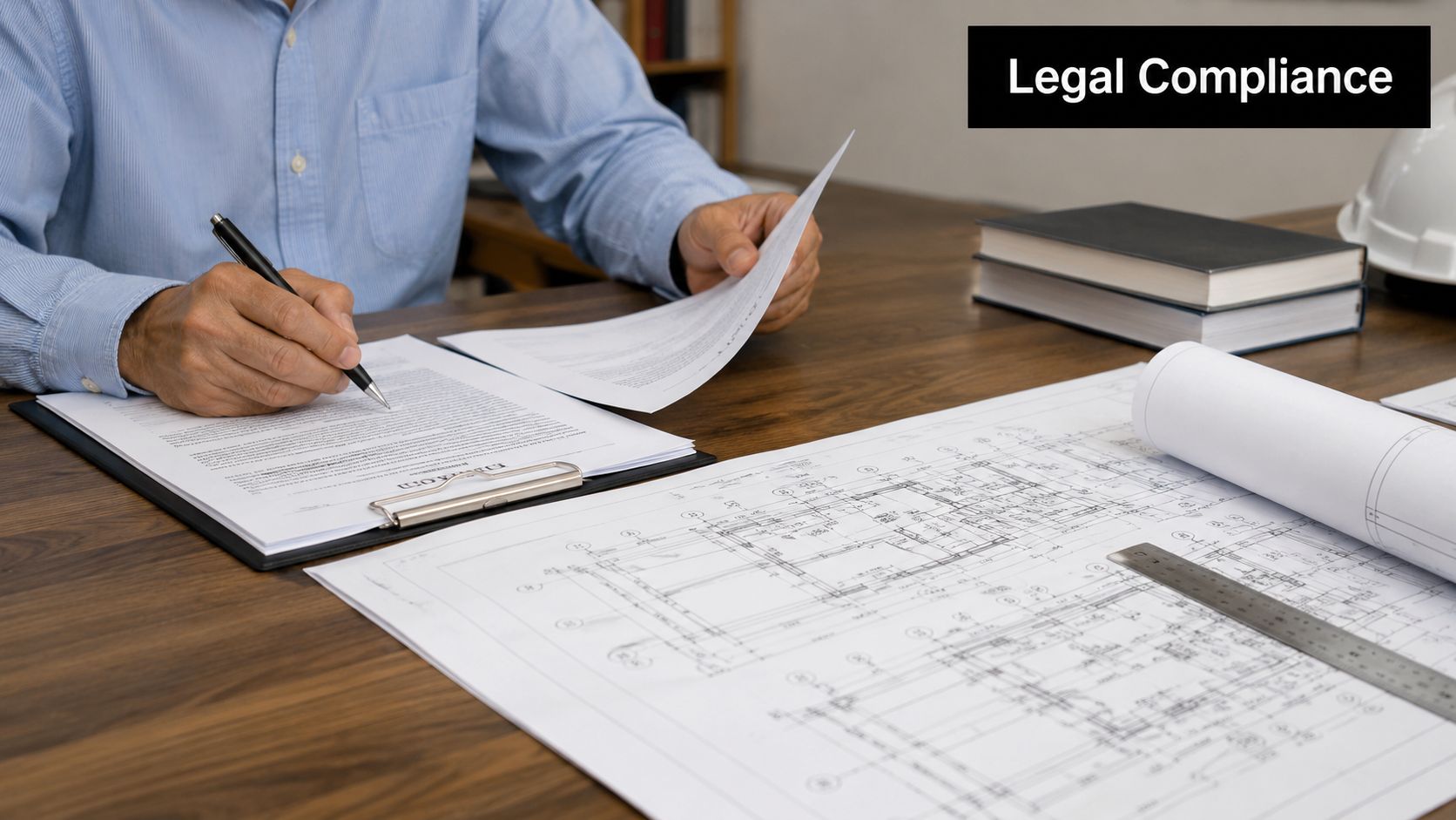 A professional reviewing legal compliance documents and construction blueprints on an office desk.