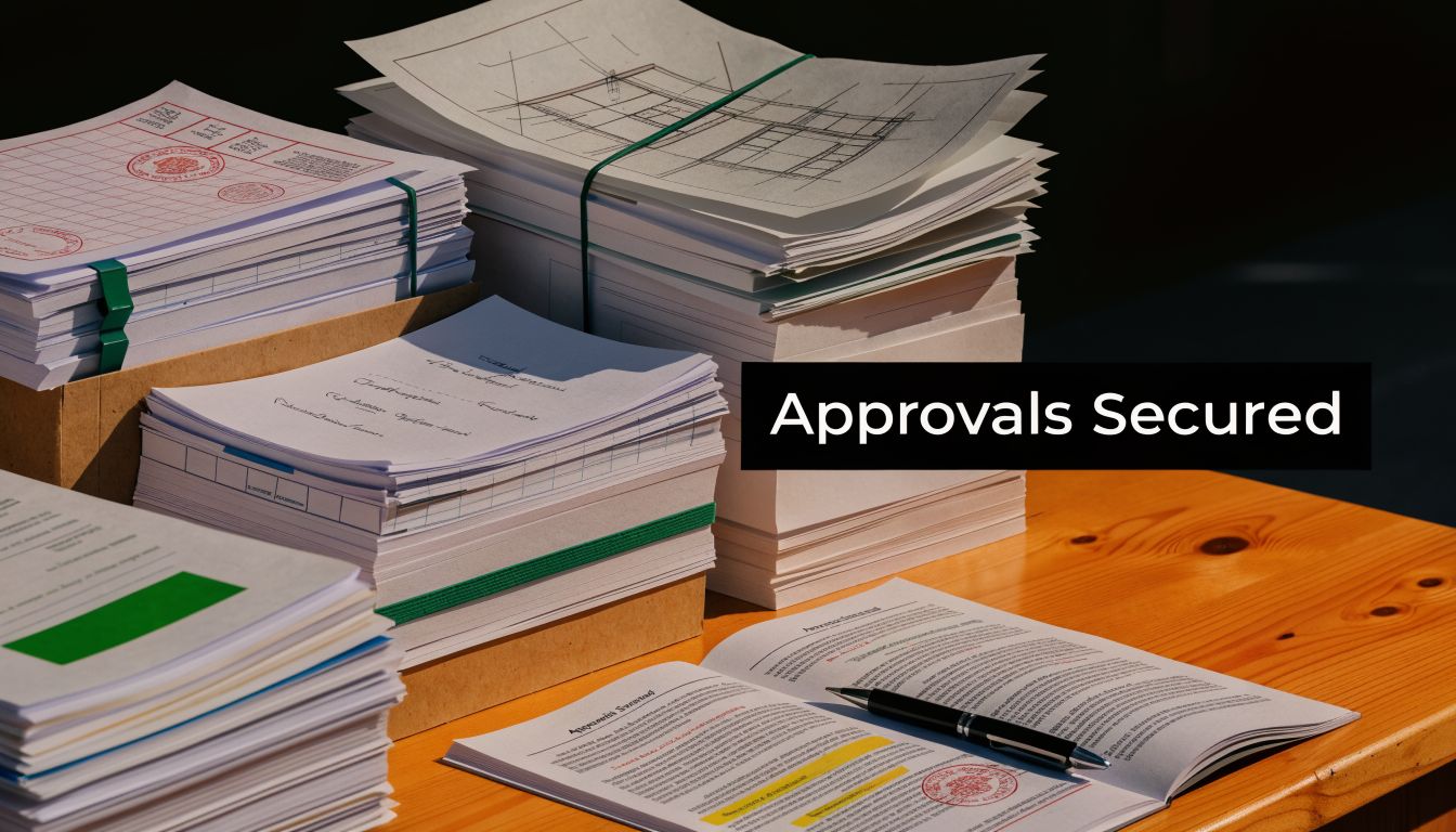 Several stacks of architectural plans and legal documents arranged on a wooden desk with a pen.