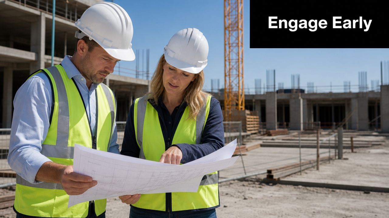 A construction engineer and a site manager in high visibility vests reviewing building plans on a job site.