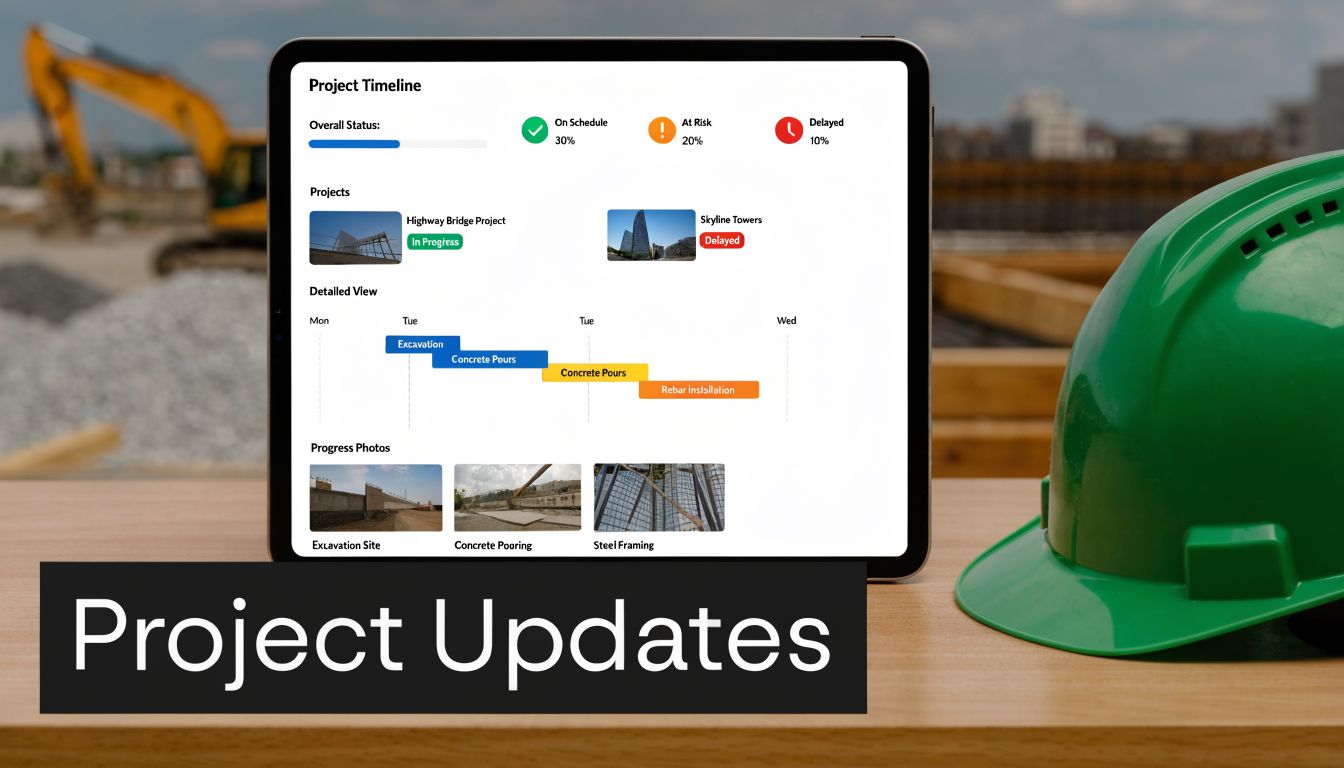 A tablet screen displaying a construction project management dashboard with timelines, status updates, and progress photos.