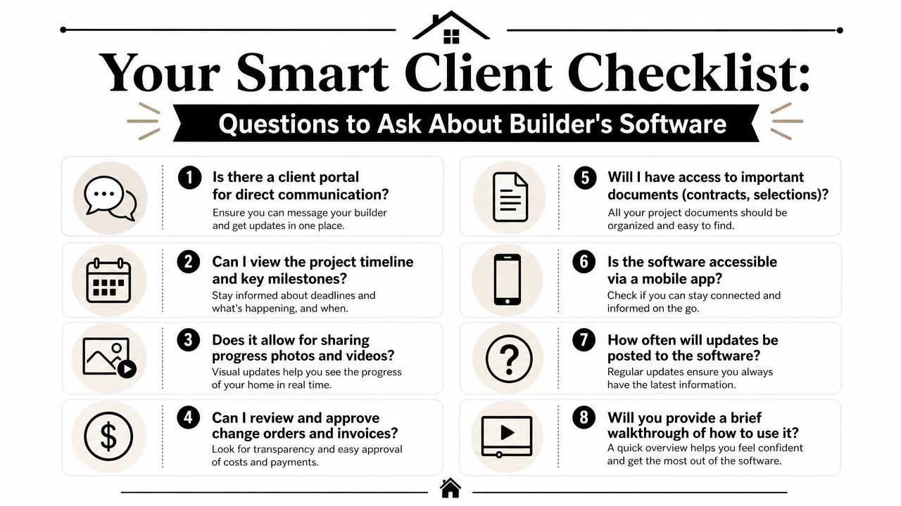 A checklist infographic titled Your Smart Client Checklist listing eight essential questions to ask about construction software.