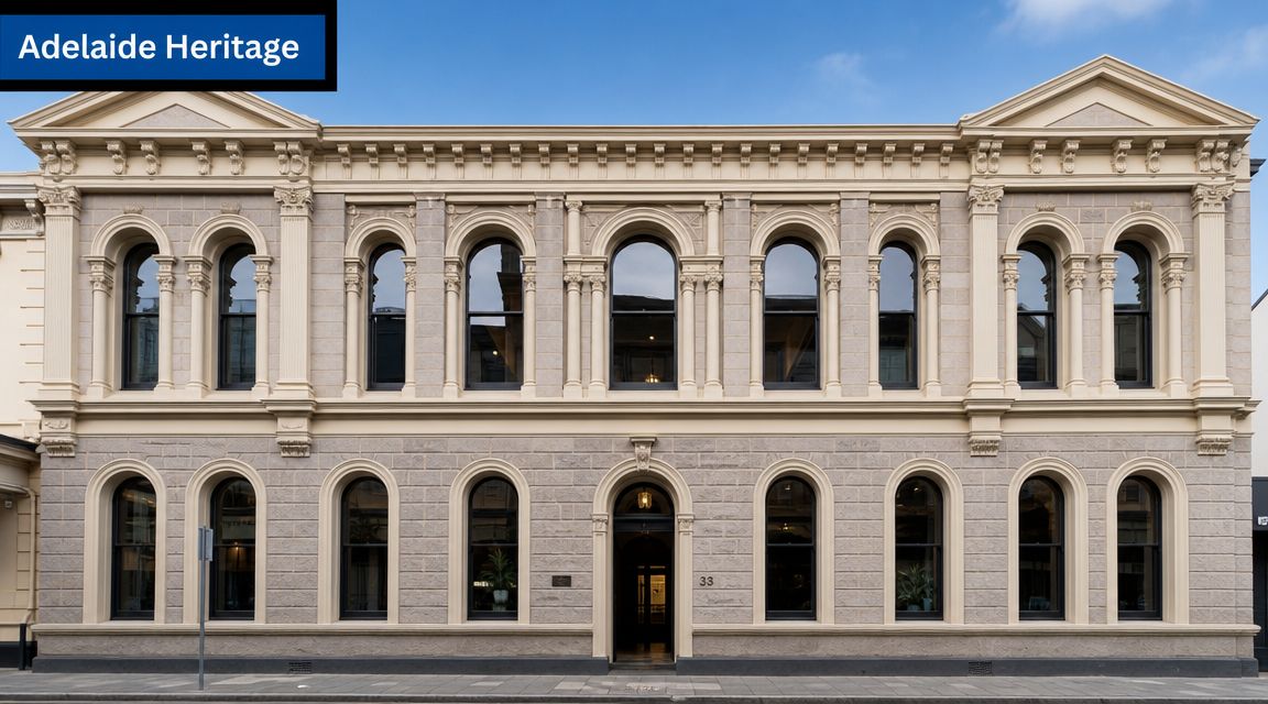 A historic, two-story beige stone building with arched windows and classical architectural detailing in Adelaide.