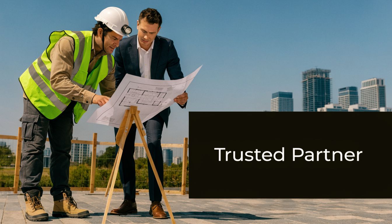 A construction engineer in a safety vest and a professional architect discussing building plans at a construction site.