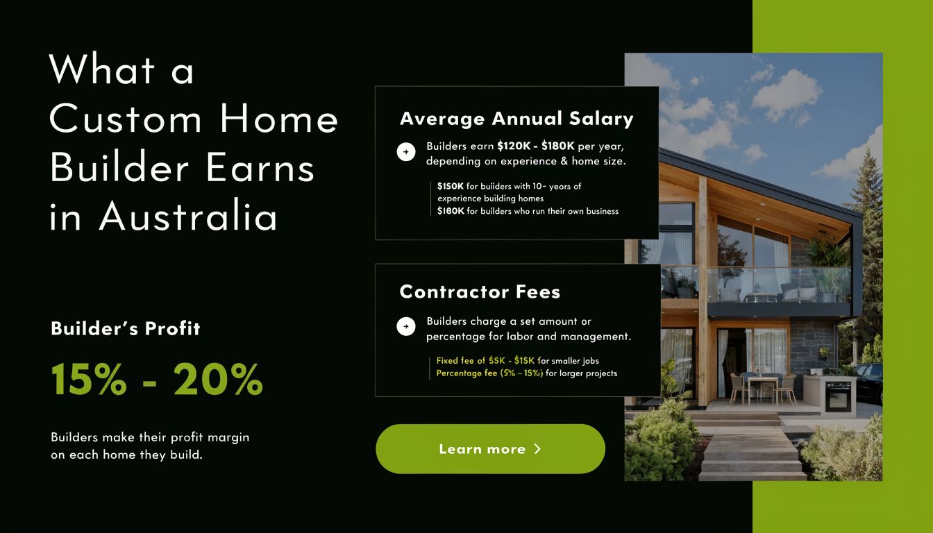 An infographic detailing the average annual salary, contractor fees, and profit margins for custom home builders in Australia.