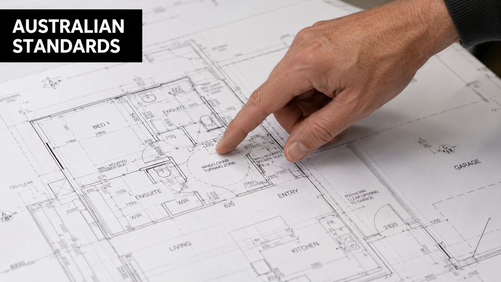 A hand points to a wheelchair turning zone on an architectural floor plan for home accessibility.