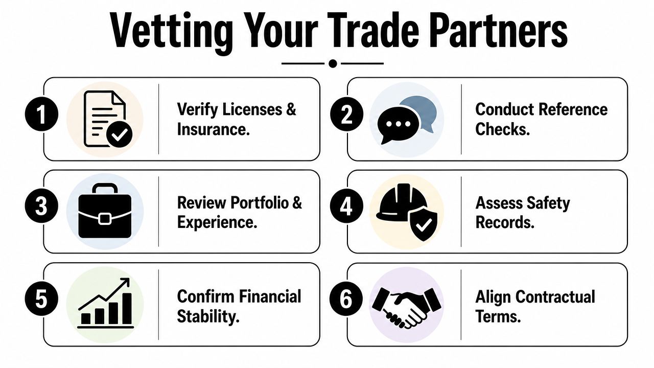 A six-step infographic guide for vetting and selecting reliable trade partners for business projects.