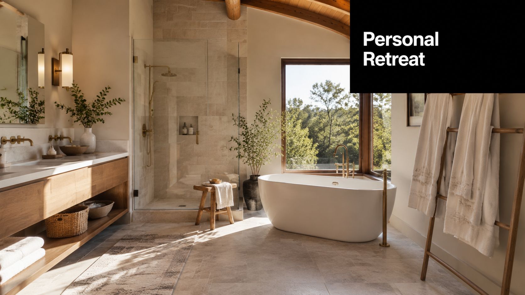 A luxurious, sunlit bathroom featuring a modern freestanding white bathtub, glass shower, wooden vanity, and scenic window view.