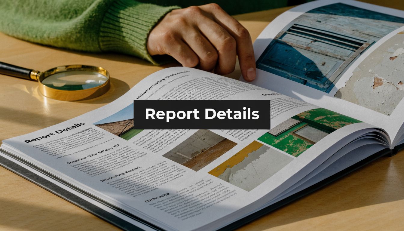 A person pointing to a document titled Report Details in an open book with architectural photography.