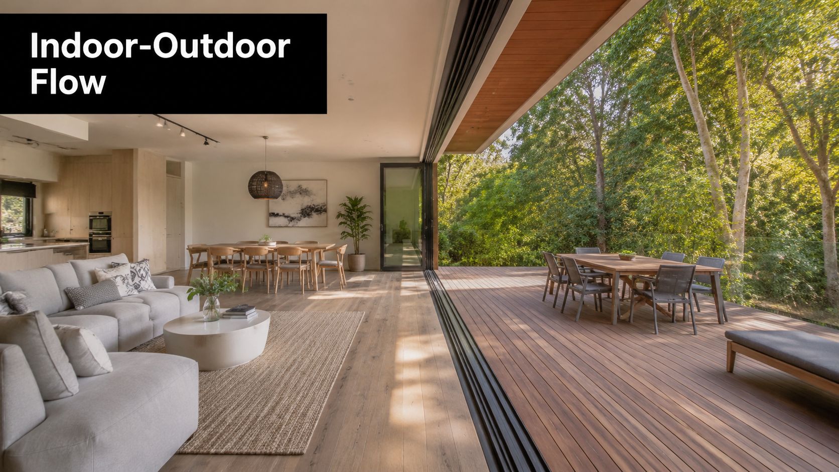 A modern open-plan living room seamlessly transitions to a spacious outdoor wooden deck surrounded by lush trees.