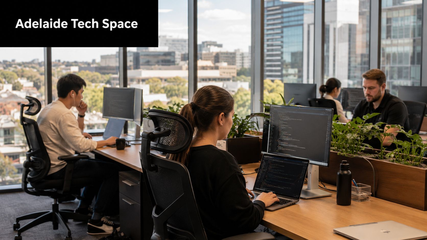 Employees working at their desks in a modern, sunlit office space with large windows and plants.