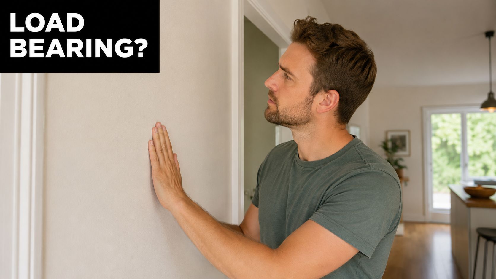 A man carefully inspecting an interior house wall to determine if it is a load bearing structure.