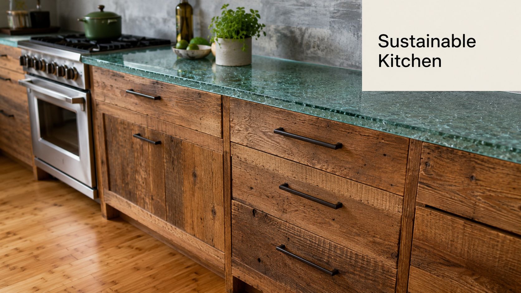 A sustainable rustic kitchen featuring reclaimed wood cabinets and a unique recycled glass countertop design.