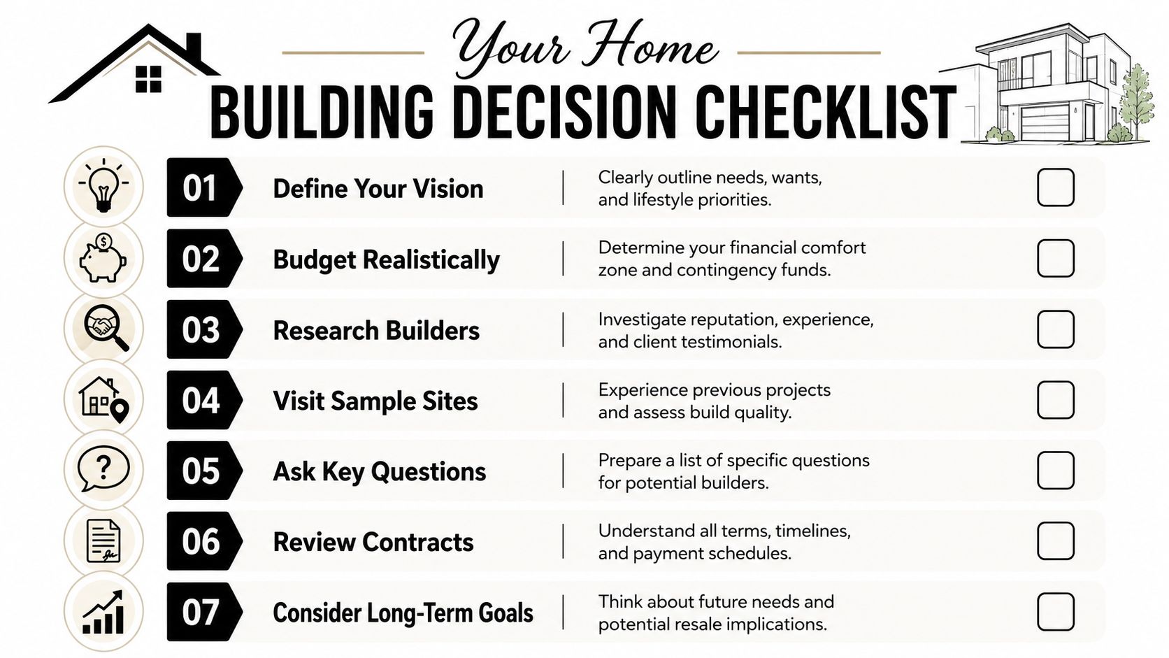 A home building decision checklist with seven steps, icons, and text for planning a custom home project.