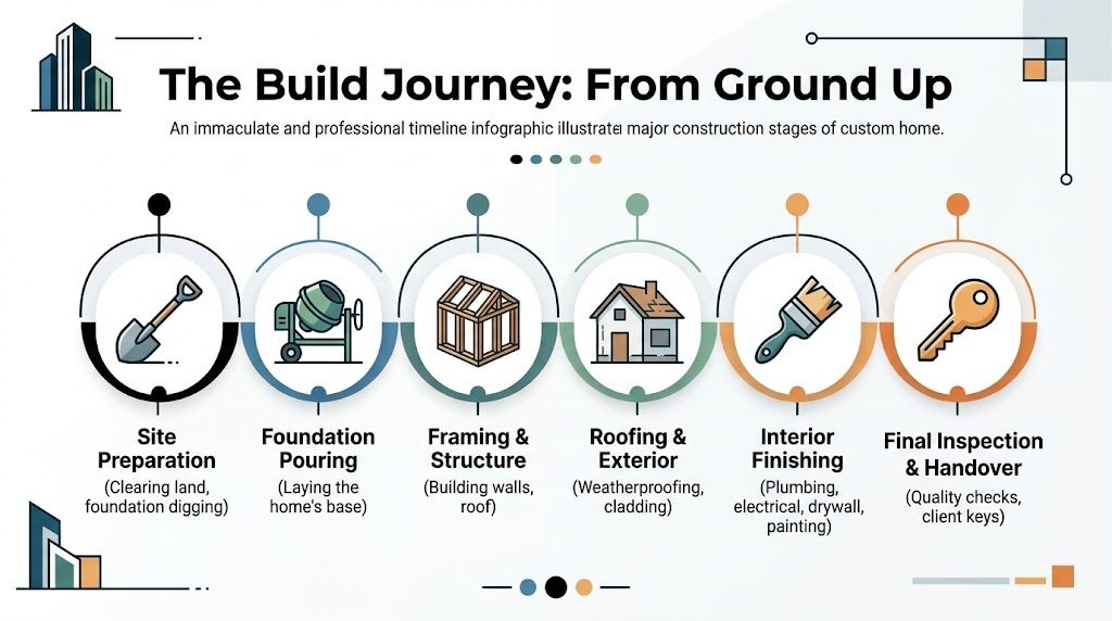 A professional infographic timeline illustrating the six major construction stages of building a custom home.