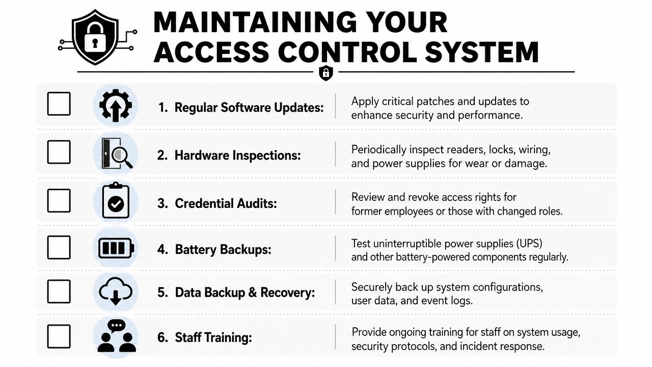 A checklist infographic titled Maintaining Your Access Control System outlining six essential security maintenance steps for businesses.