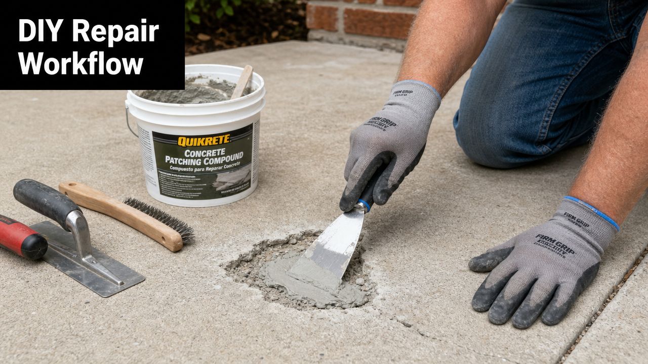 A person wearing work gloves applying concrete patching compound to a damaged slab using a metal trowel.