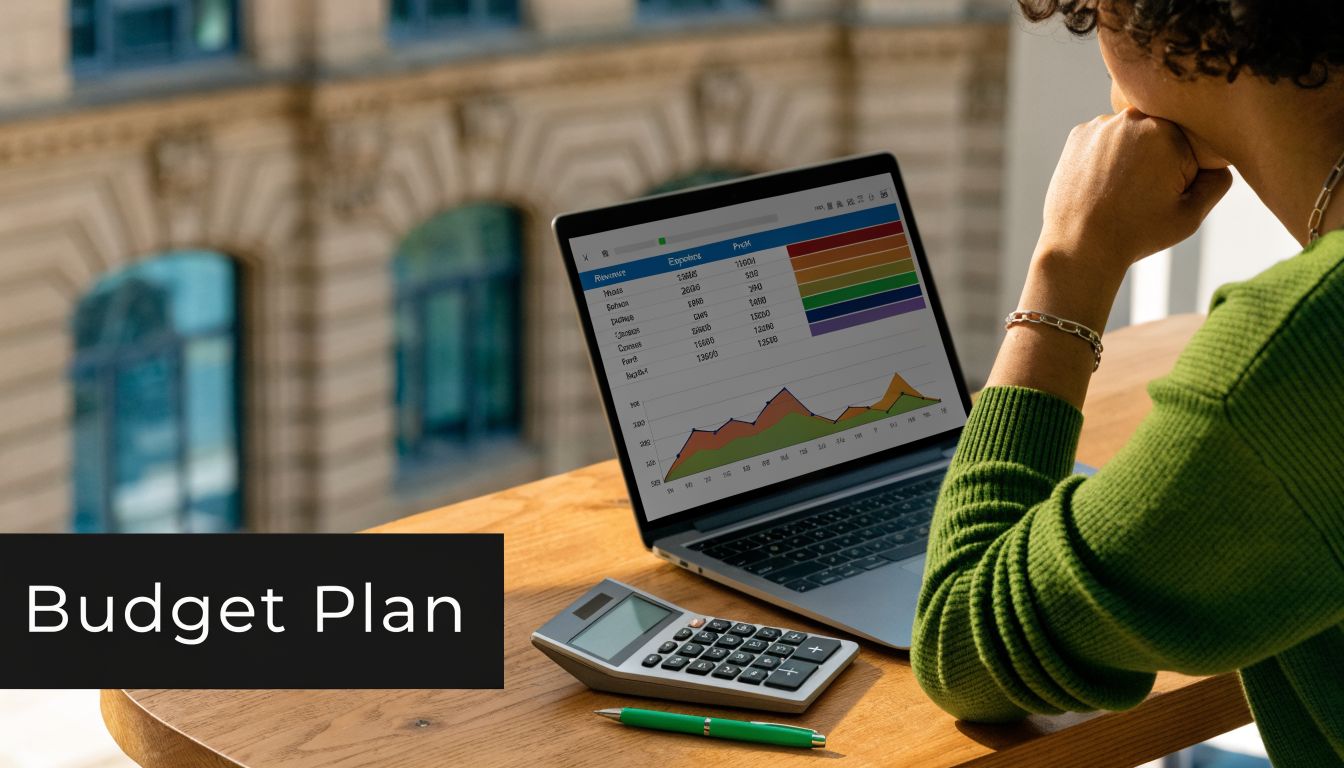 A person looking at financial charts and budget spreadsheets on a laptop next to a calculator.