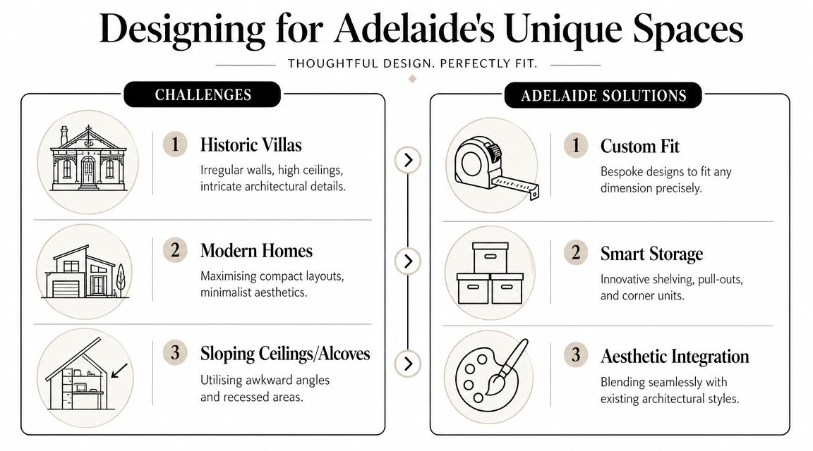 A graphic showing home design challenges like historic villas and solutions like custom built-in furniture in Adelaide.