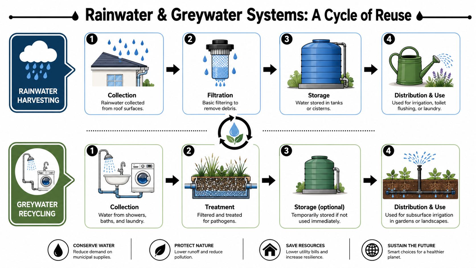 An infographic showing the step-by-step process of rainwater harvesting and greywater recycling for sustainable water management.