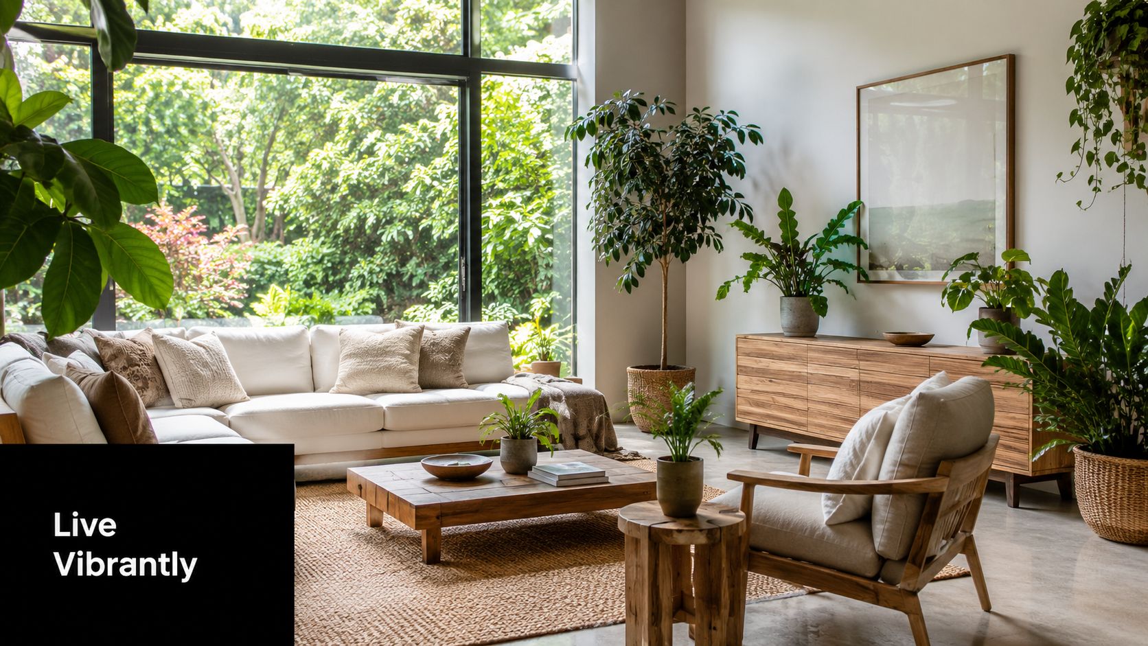 A bright, airy living room featuring biophilic interior design with numerous houseplants and natural wooden furniture elements.