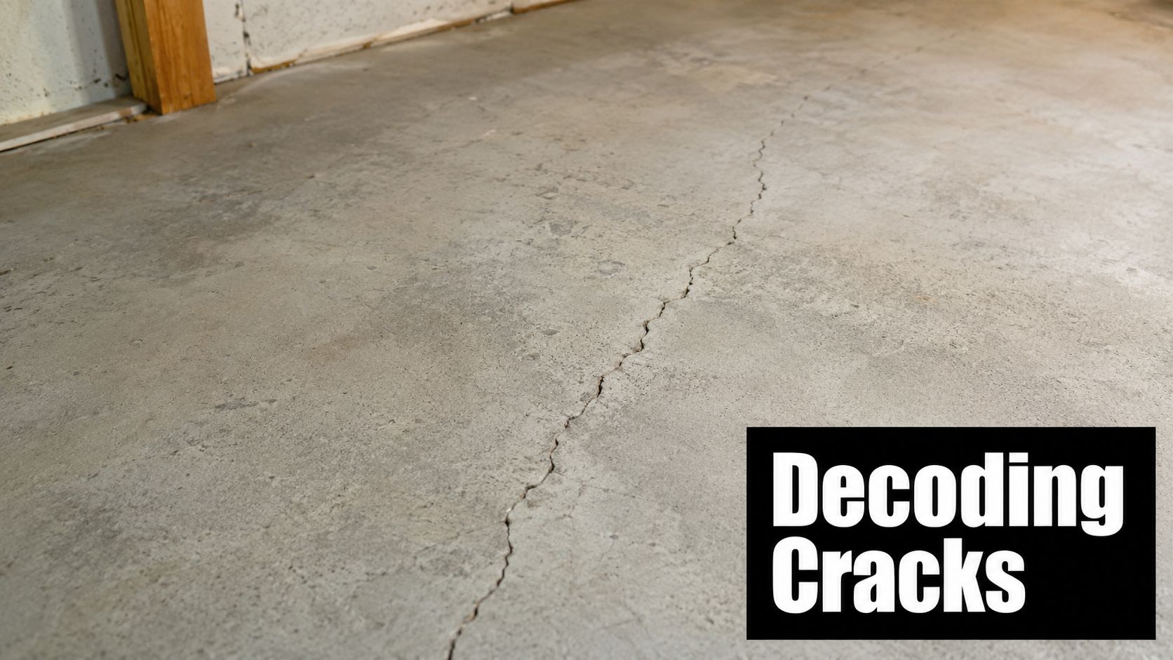 A close-up view of a crack running through a gray concrete basement or garage floor slab.