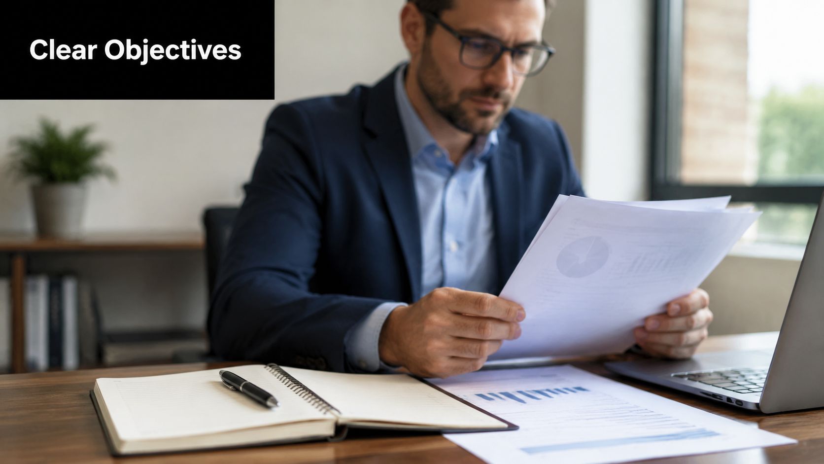 A professional man in a business suit reviewing financial documents and data reports at his office desk.