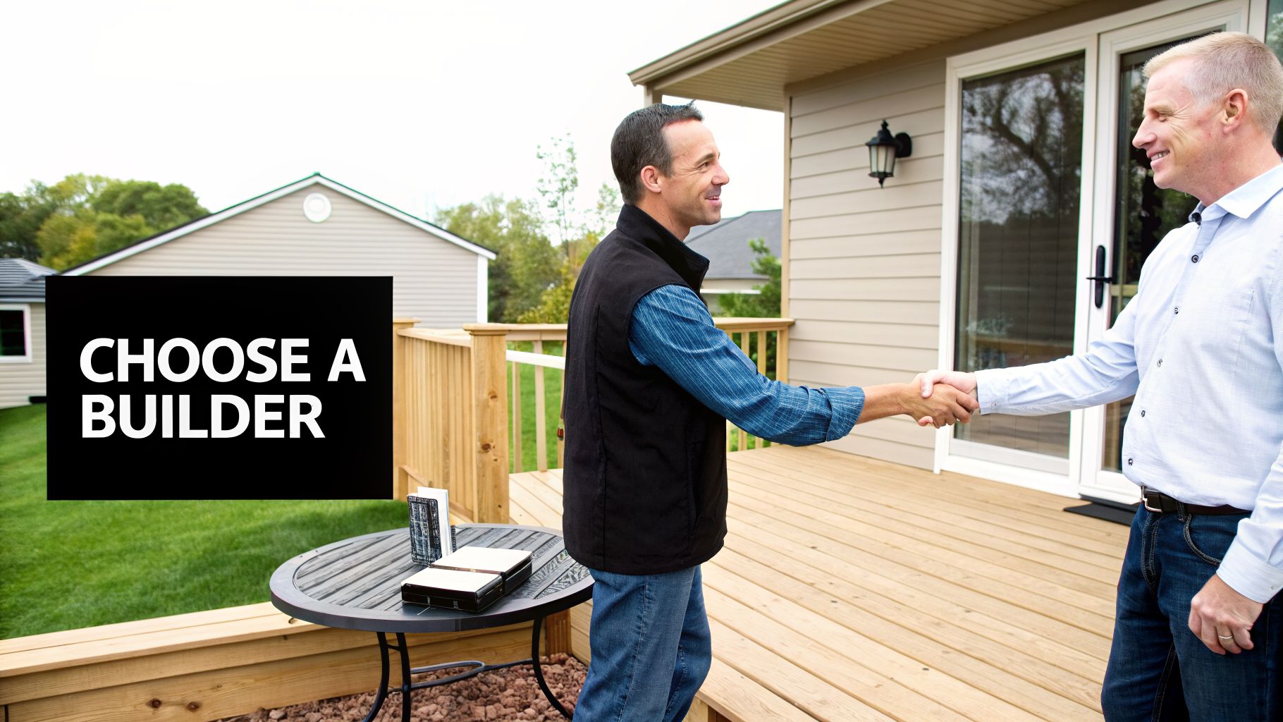 Two smiling men shake hands on a wooden deck outside a house, with a 'CHOOSE A BUILDER' sign.