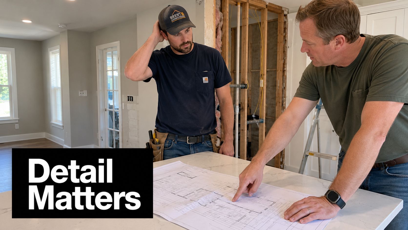 Two construction professionals analyzing building blueprints on a countertop during a home renovation project.
