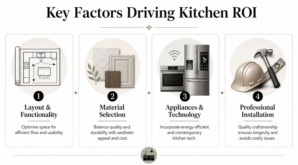 An infographic showing four key factors driving kitchen renovation ROI including layout, materials, technology, and installation.