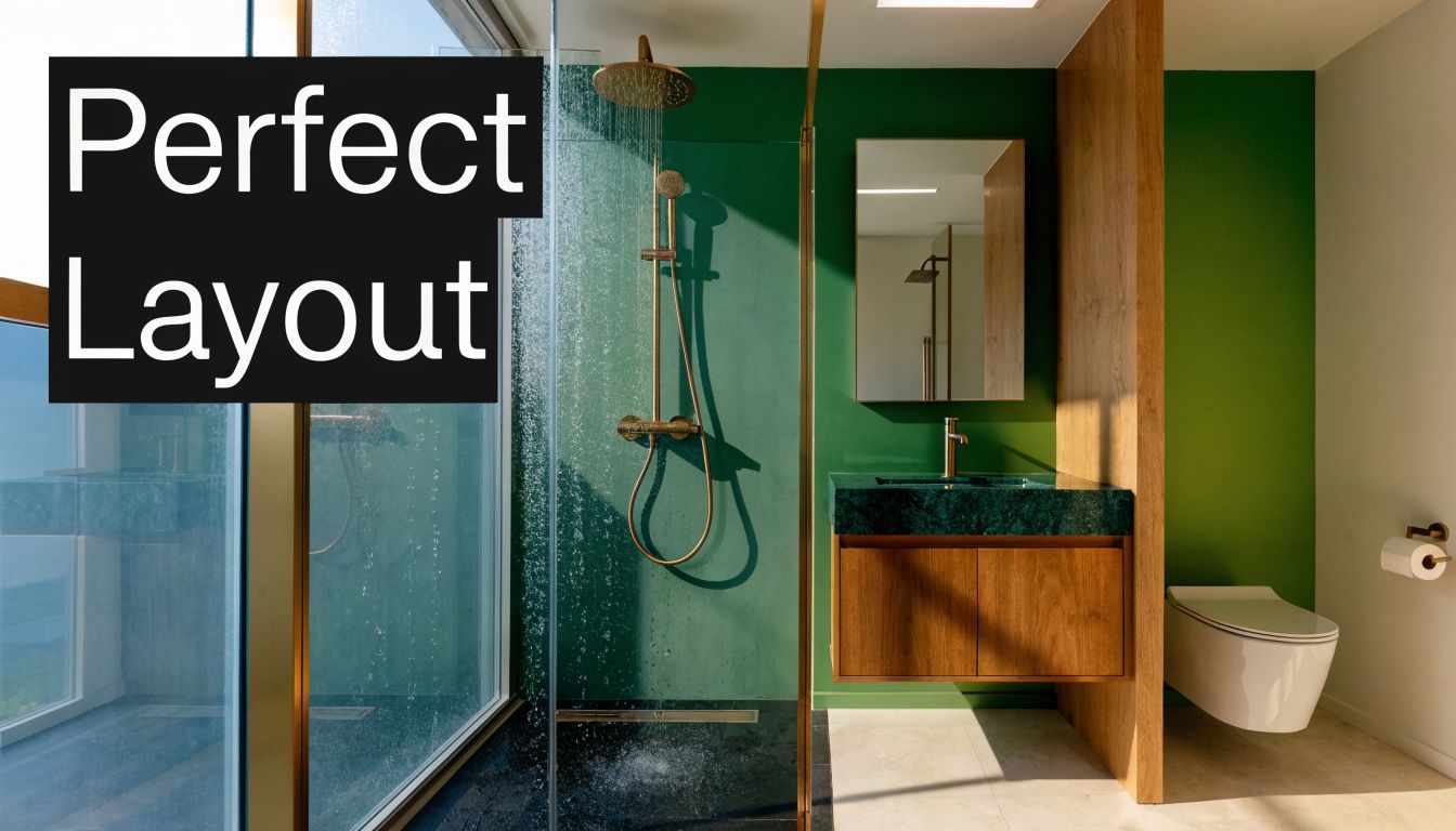 A modern bathroom design featuring a glass shower, a wooden vanity with a green sink, and a wall-mounted toilet.