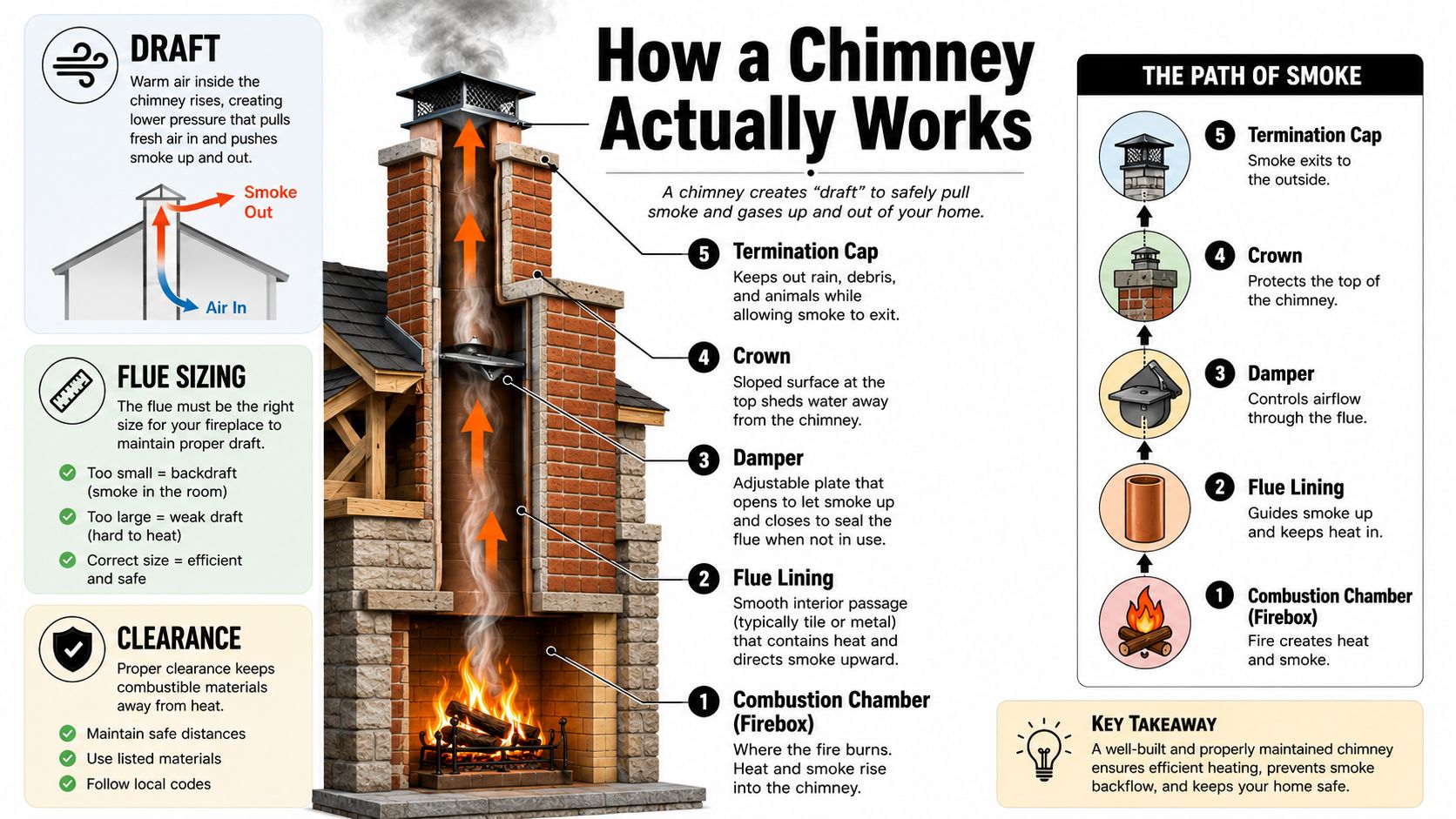 A diagram illustrating how a chimney functions, showing the path of smoke and essential fireplace components.