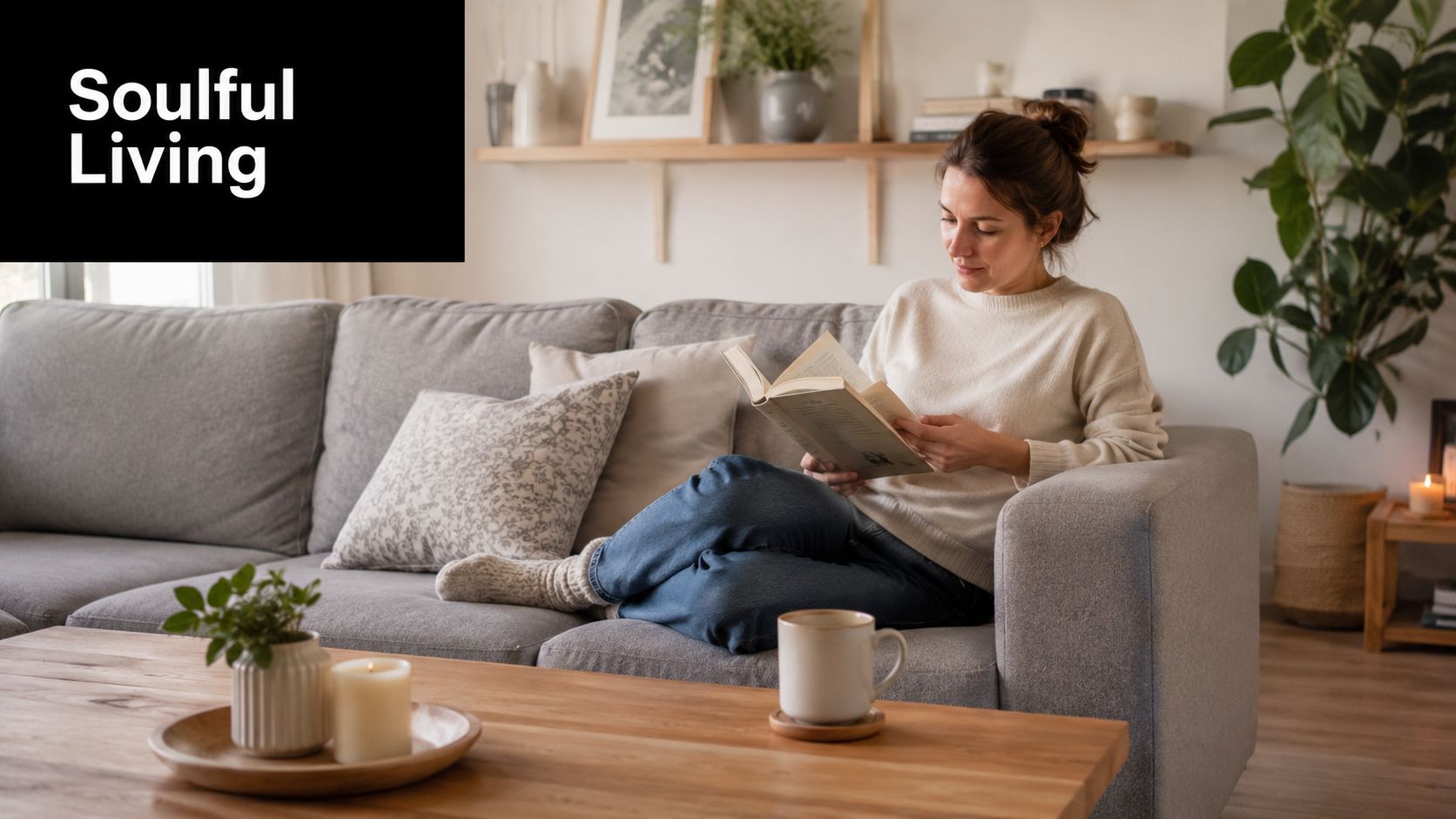 A woman comfortably reading a book on a gray sofa in a cozy, minimalist Scandinavian-style living room.