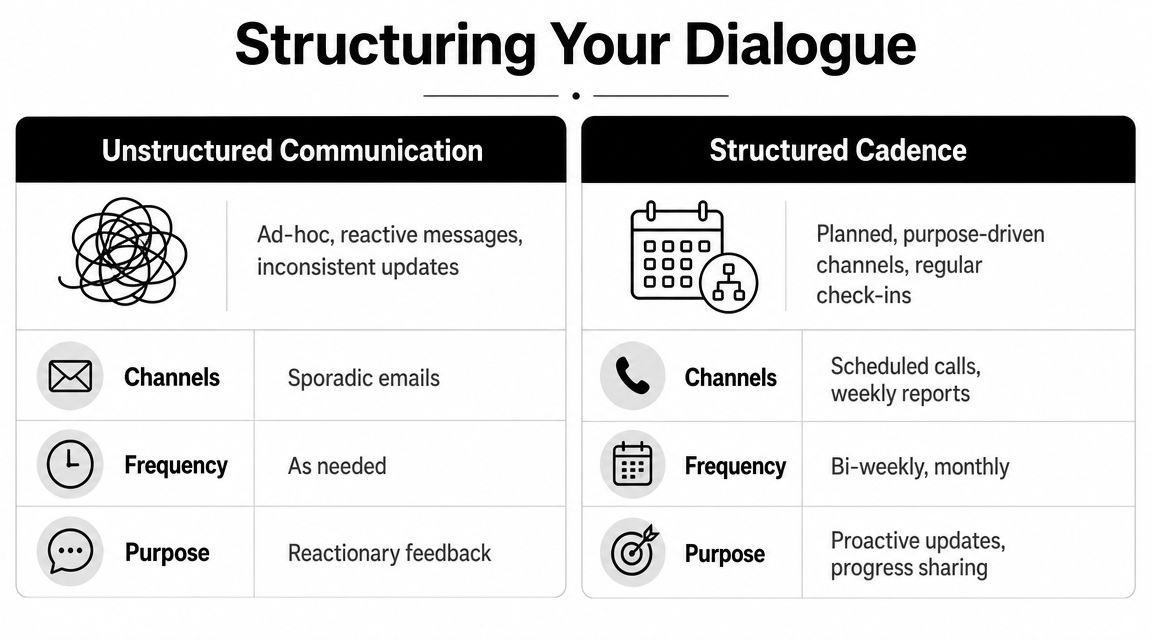 A comparison table contrasting unstructured, reactive communication against a planned, proactive structured communication cadence.
