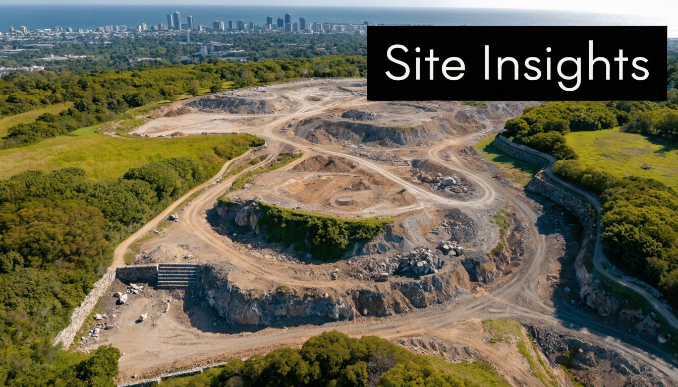 An aerial view of a cleared construction site with dirt tracks and a coastal city background.