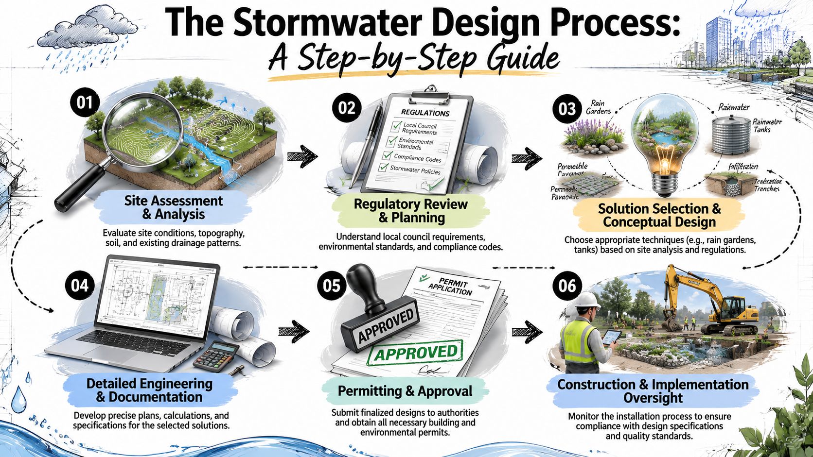 A diagram illustrating the six-step stormwater management design process from site assessment to construction oversight.