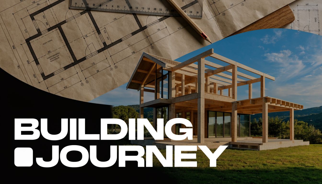 A composite image showing architectural blueprints and a pencil alongside a wooden frame of a modern house.