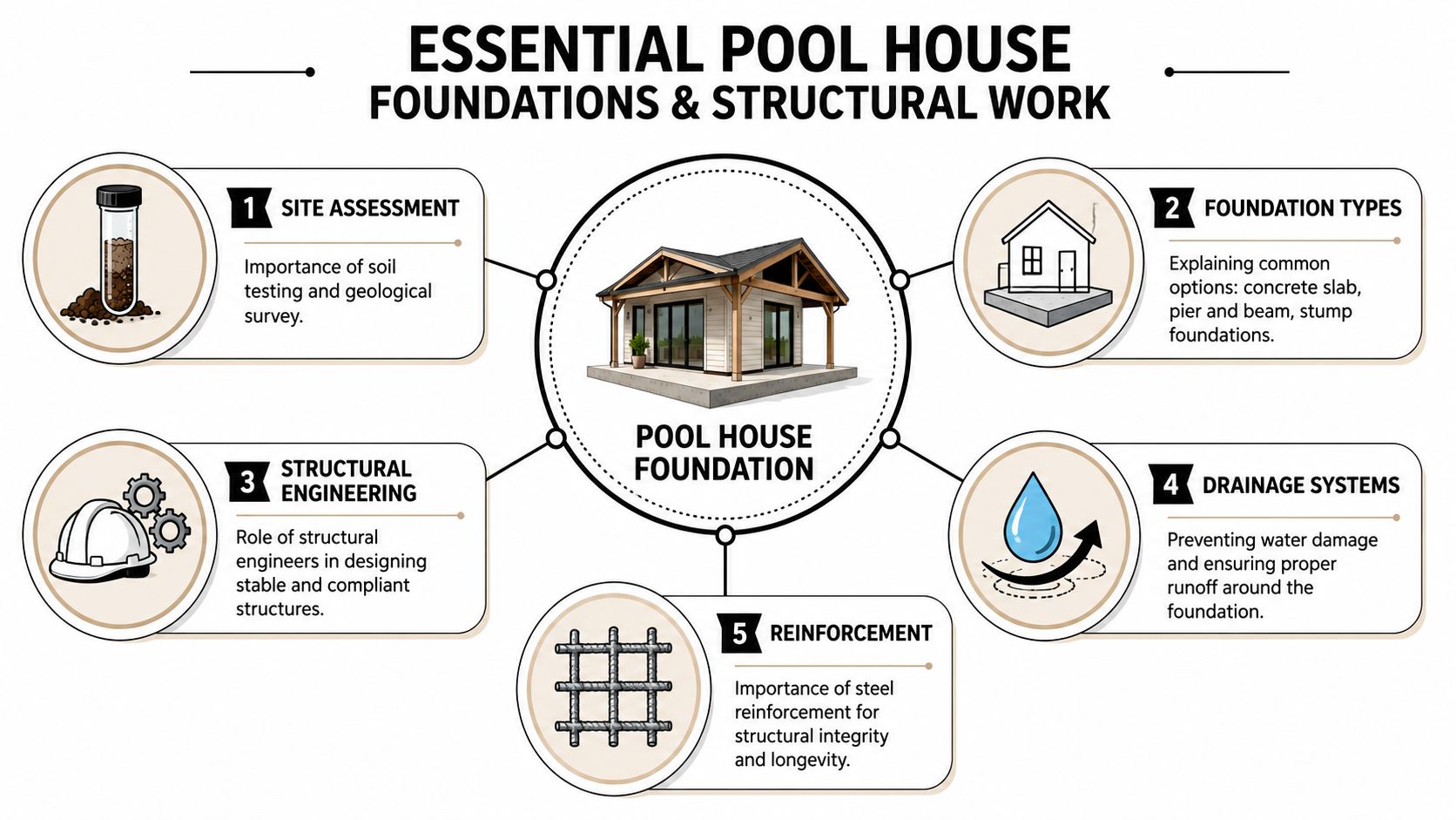 An infographic showing the five essential steps for building a pool house foundation and structural work.