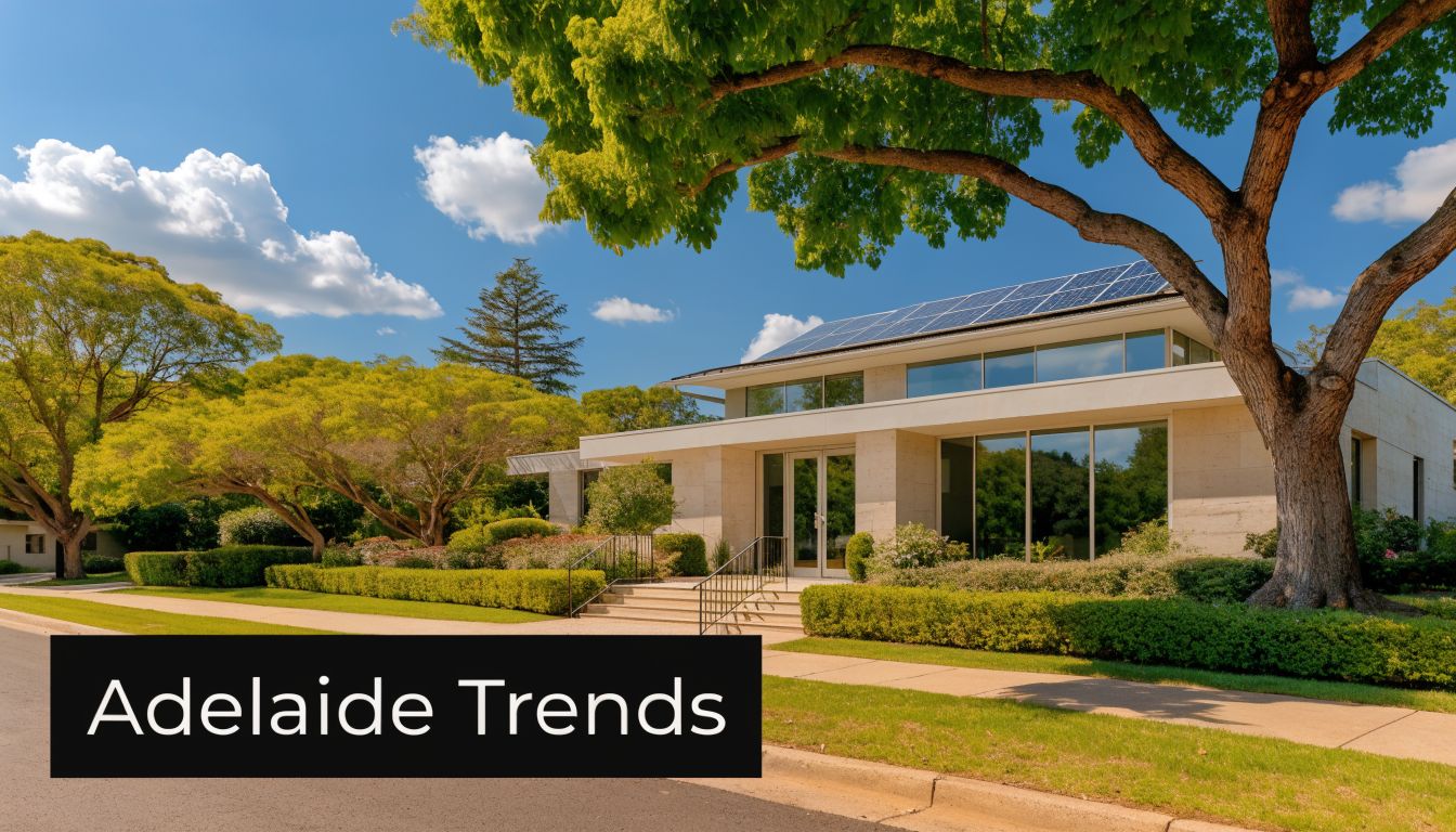A modern luxury home with solar panels and manicured landscaping in a serene Adelaide neighborhood.