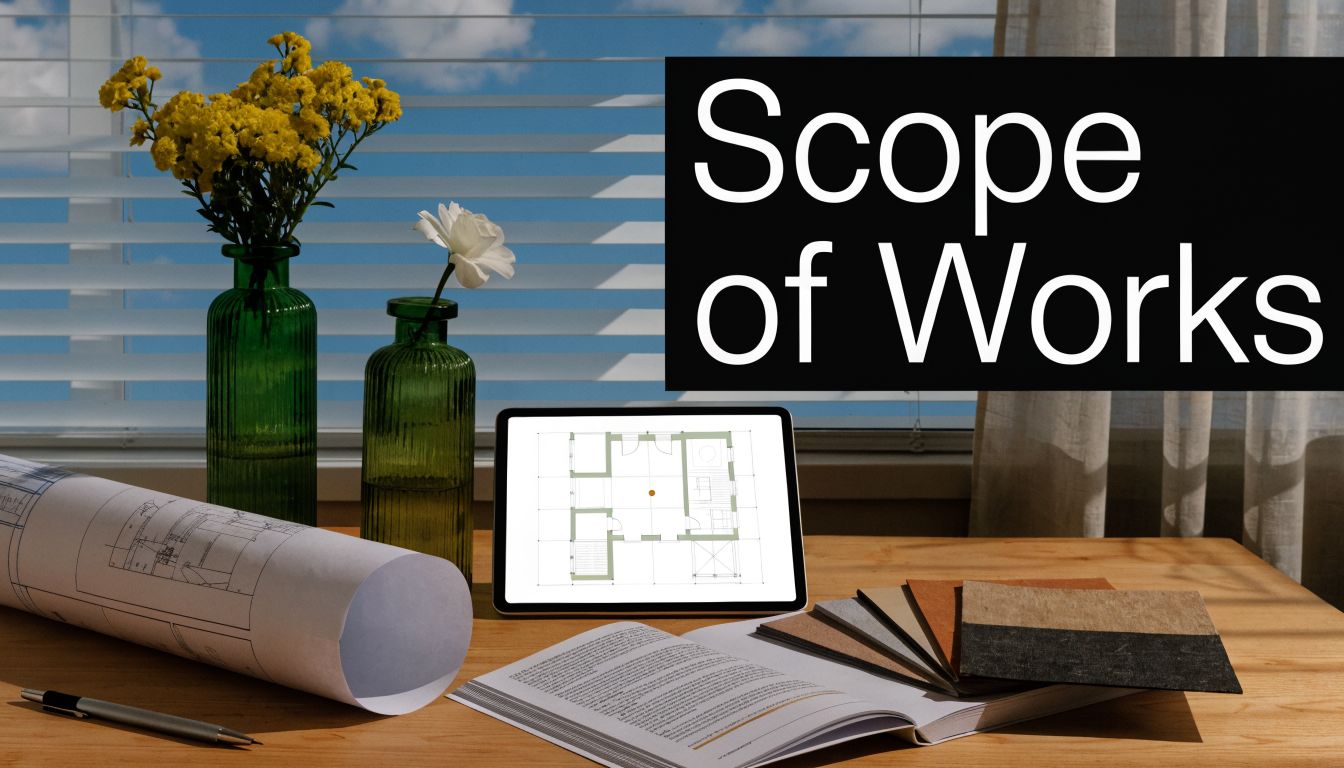 A professional architectural workspace with blueprints, a tablet showing a floor plan, and material samples.
