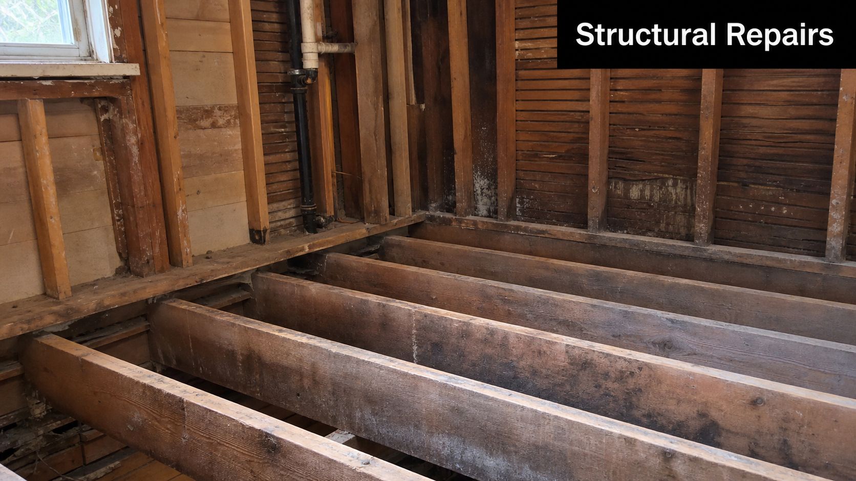 Exposed floor joists and wall studs in a house under construction during a termite damage repair project.