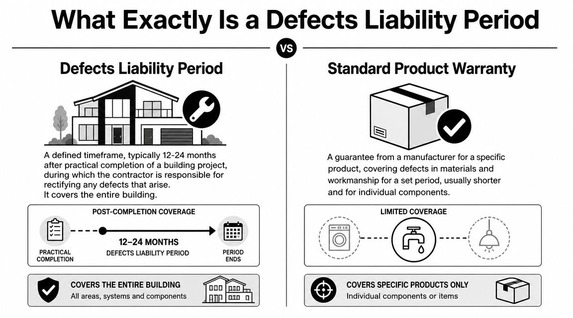 A comparison infographic between a Defects Liability Period for buildings and a Standard Product Warranty for items.