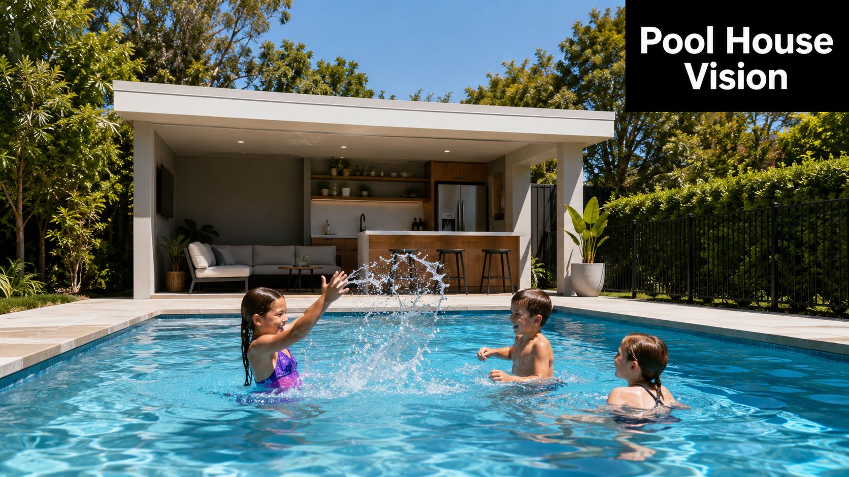 Three children playing and splashing in a bright blue swimming pool in front of a modern pool house.