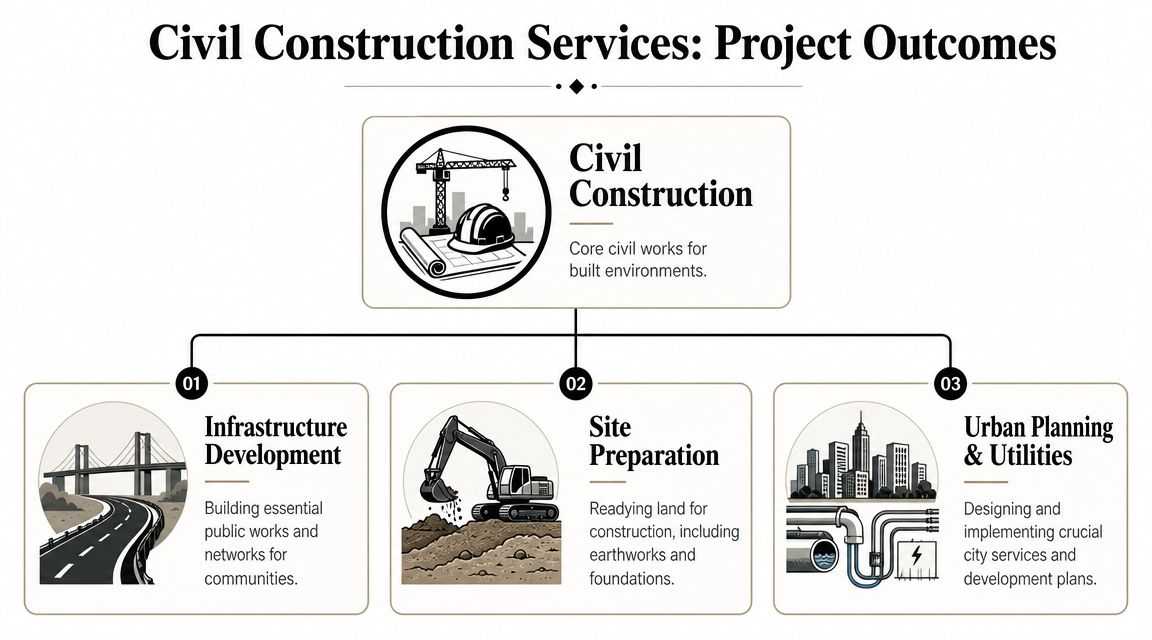 A diagram outlining civil construction project outcomes including infrastructure development, site preparation, and urban planning services.