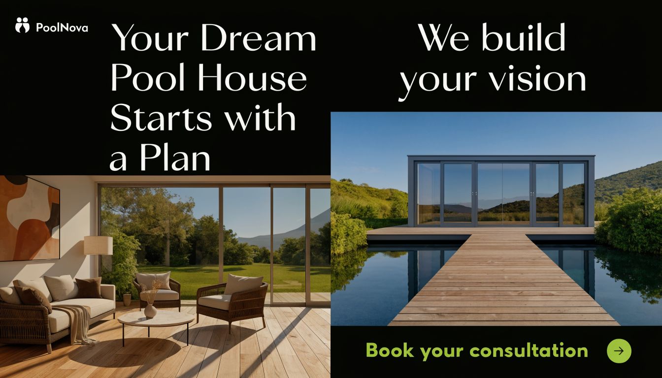 A luxurious modern pool house featuring an elegant interior lounge space and a scenic outdoor wooden deck.