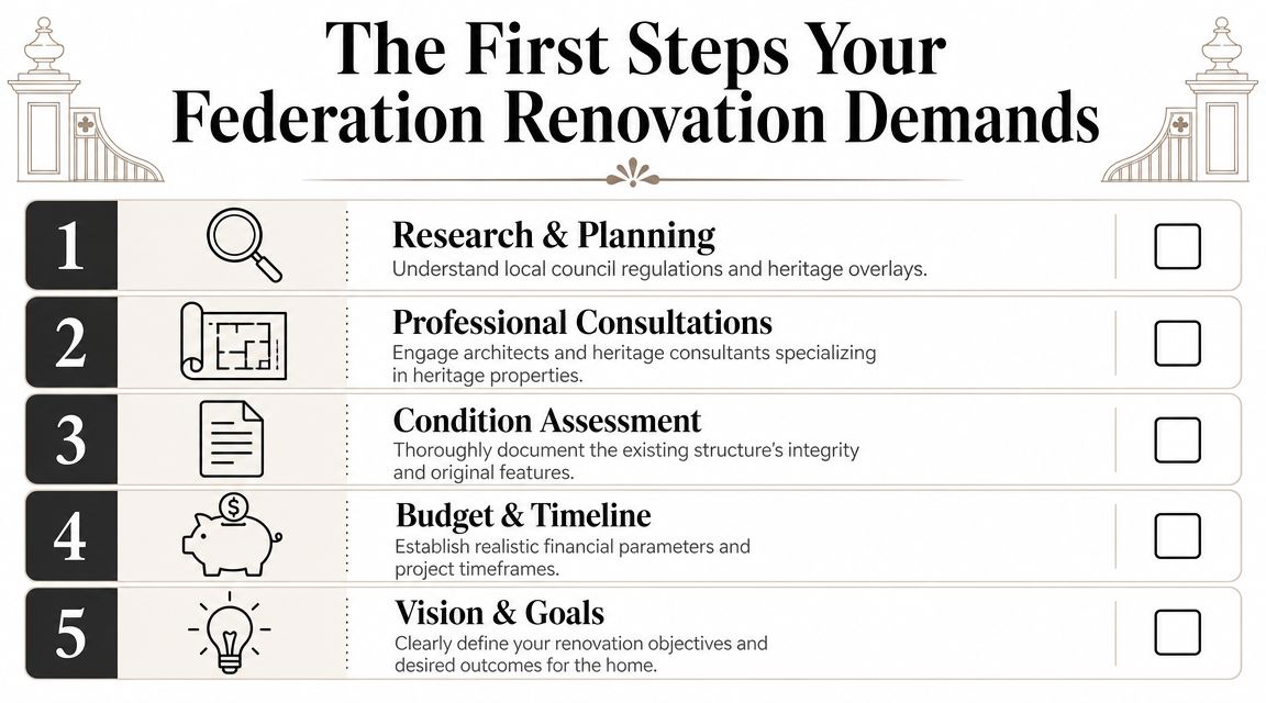 An infographic titled The First Steps Your Federation Renovation Demands listing five essential stages for heritage home renovations.