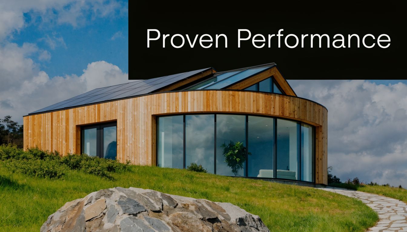 A modern energy-efficient wooden house with large curved glass windows set on a grassy hill.